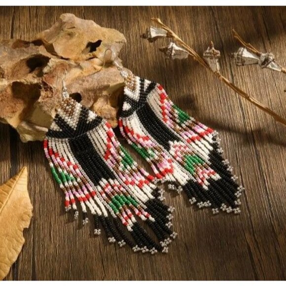 Handmade Long Beaded Tassel Earrings Large Native Bohemian - Picture 2 of 6